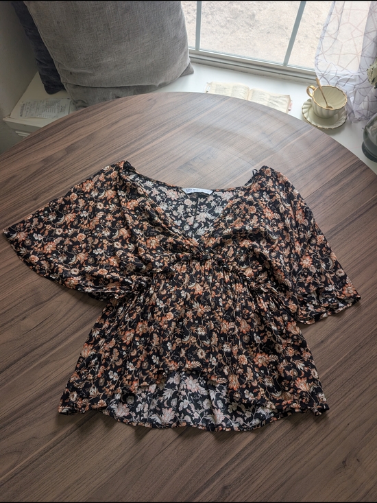 Zara Tops - Zara Black Floral V-Neck Blouse with Rust Accents